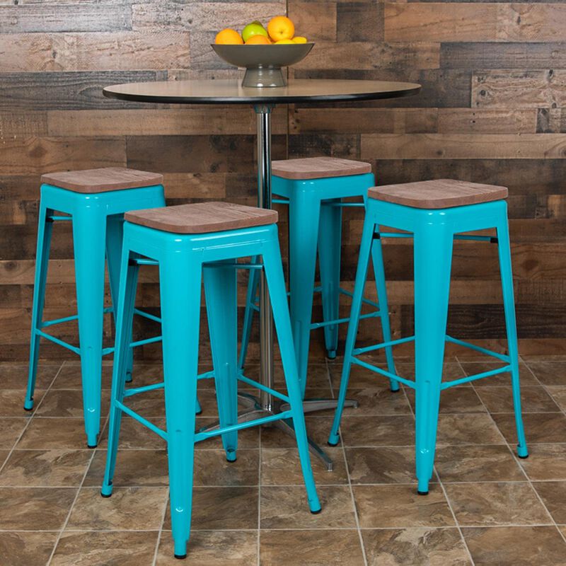 Flash Furniture Lily 30" High Metal Indoor Bar Stool with Wood Seat in Teal - Stackable Set of 4