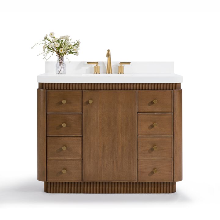 Aston 42 inch Bath Vanity Set in Chestnut Oak Finish with Alpine White Quartz Top