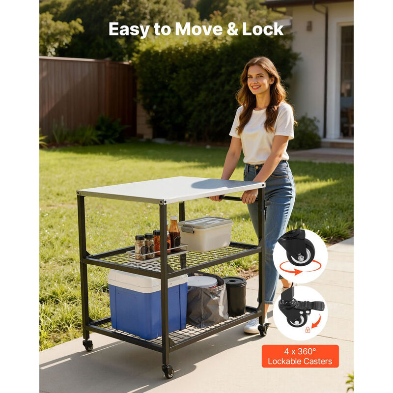 Outdoor Grill Cart with Stainless Steel Top 4 Wheels and Mesh Shelves image number 6