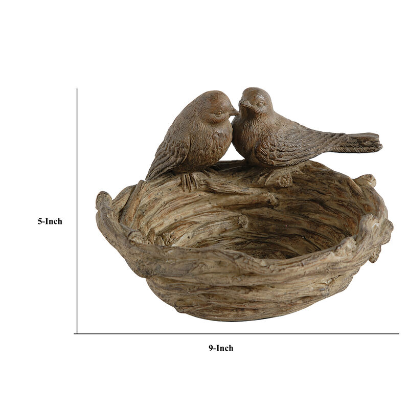 9 Inch Handcrafted Accent Table Bowl, Resin, Lovebirds Nest, Natural Brown - Benzara image number 4