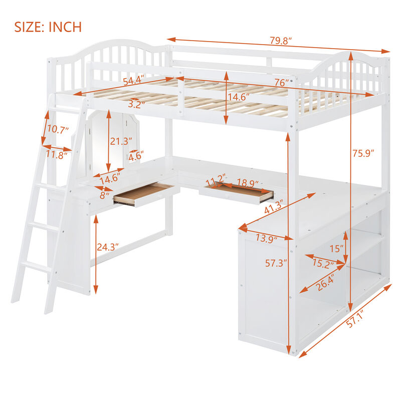Merax Loft Bed with U-shaped Desk and Tri-fold Mirror