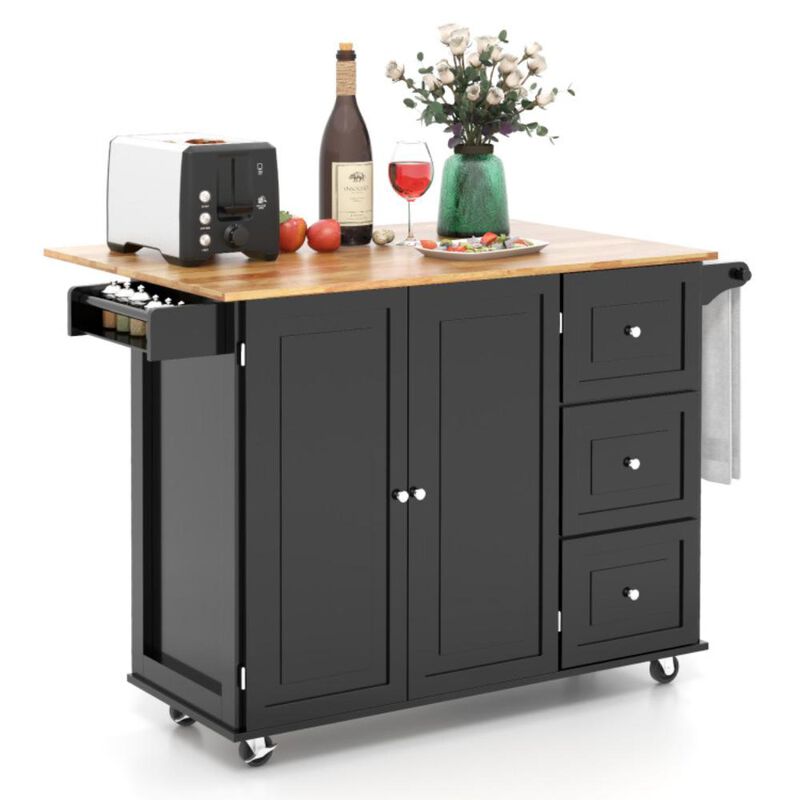 Hivvago Kitchen Wood Island Trolley Cart with Drop-Leaf Tabletop and Storage Cabinet