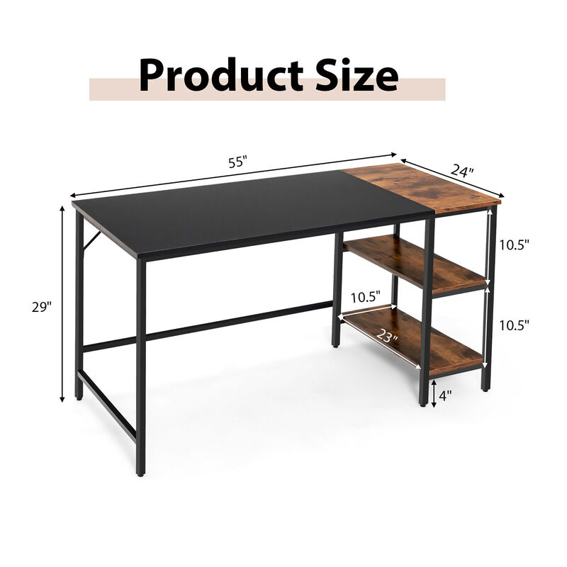 Costway 55'' Computer Desk Writing Workstation Study Table Home Office with Bookshelf Rustic