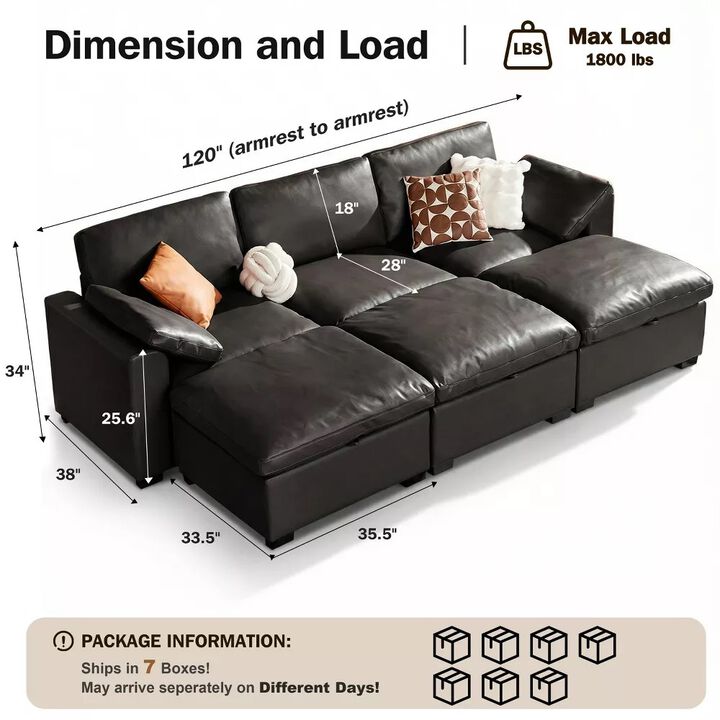 120" Modular Sectional Sleeper Sofa, 6-Seat Couch Bed with Storage Ottoman Deep Seat for Living Room