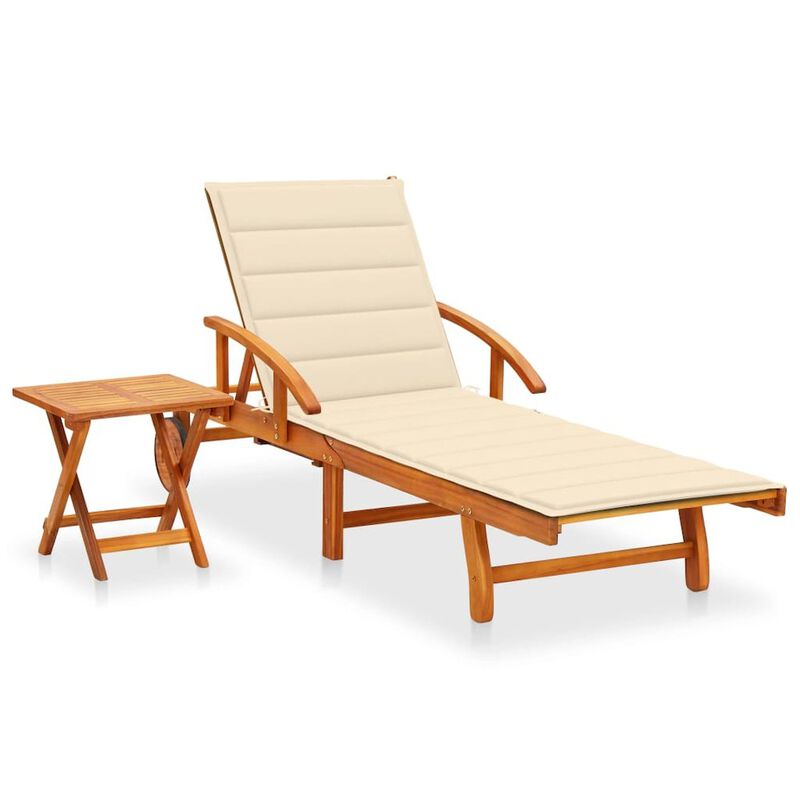 Sunlounger With Table Cream Solid acacia wood Standard Foldable