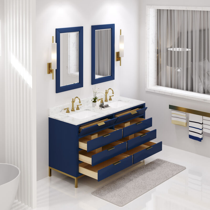 Bristol 60 In. Double Sink Carrara White Marble Countertop Bath Vanity in Monarch Blue