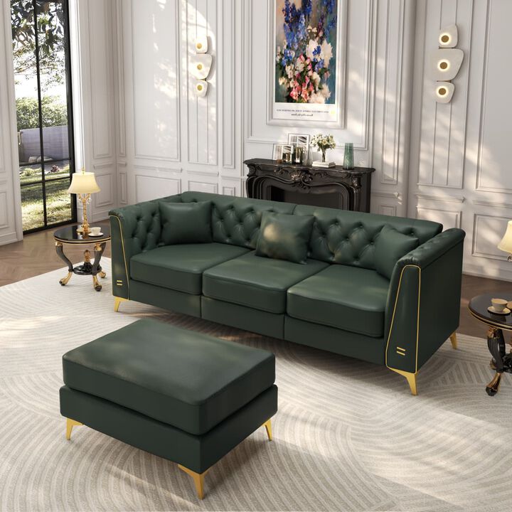 2-Piece Chesterfield Sofa and Ottoman Set, Faux Leather Tufted Couch with Metal Trim Arms, Living Modular Sofa with 3 Pillows
