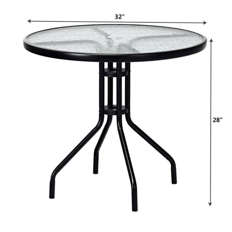 Hivvago 32 Inch Outdoor Patio Round Tempered Glass Top Table with Umbrella Hole