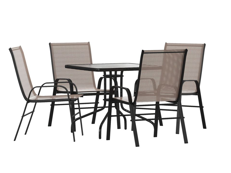 Flash Furniture Brazos 5 Piece Outdoor Patio Dining Set - 4 Brown Flex Comfort Stack Chairs - 31.5" Square Tempered Glass Patio Table