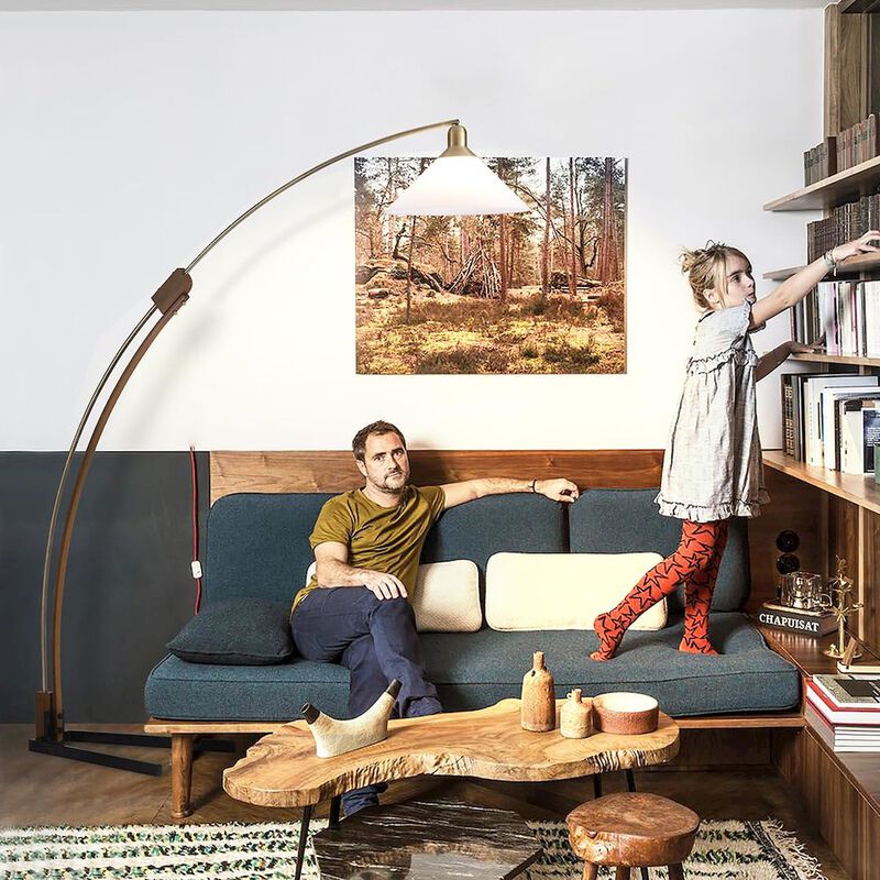 NOVA OF CALIFORNIA Melmar Arc Floor Lamp - Weathered Brass and Walnut, Dimmer Switch, V-base