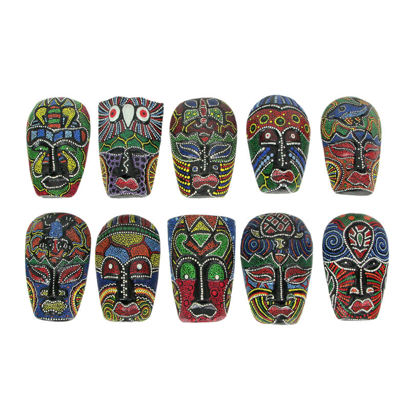 Set of 10 Hand Carved Tropical Dot Painted Tribal Masks 5 Inch Wall Decor image number 0