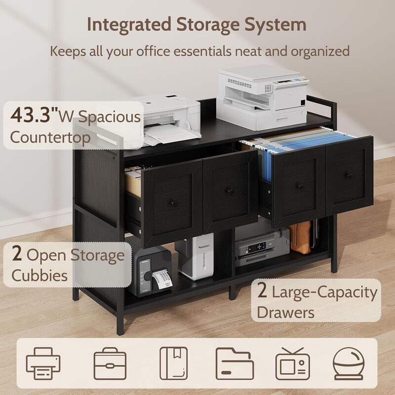 File Cabinet with Bookshelf Organizer, 43"W Wood File Cabinet with Power Outlet, 2 Drawers, 2 Open Storage Shelves, File Storage Fits Legal/A4 Size image number 5