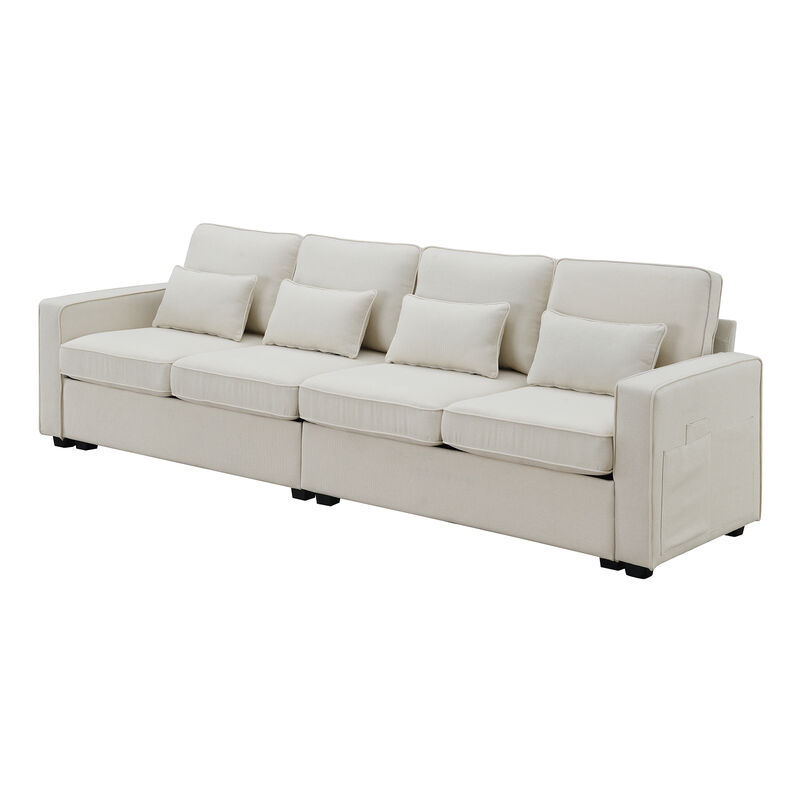 Modern Linen Fabric Sofa with Armrest Pockets and 4 Pillows,Minimalist Style Couch