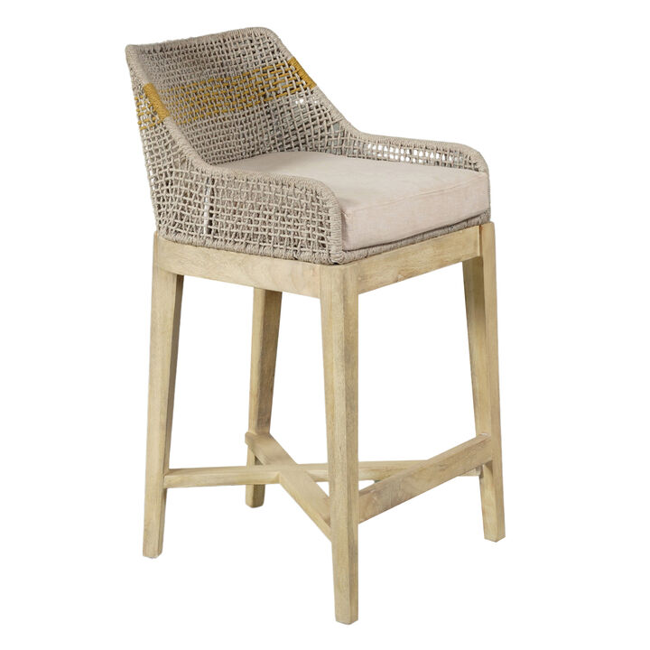 Avira 30 Inch Set of 2 Barstool Chairs | Handcrafted Mango Wood | Cotton Rope Weaving | Beige Cushion