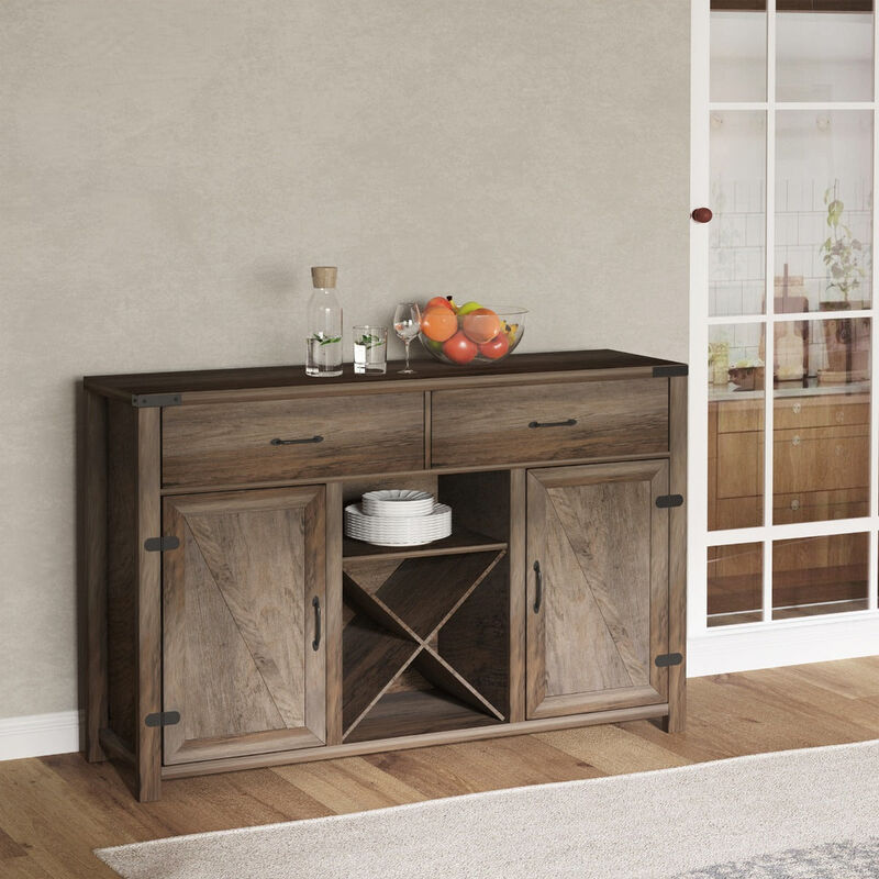 Antique Grey Buffet: Farmhouse Sideboard with Wine Rack & Drawers