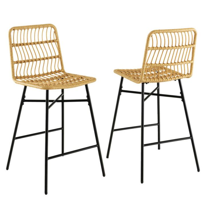 Hivago Set of 2 Rattan Bar Stools with Sturdy Metal Frame-Yellow