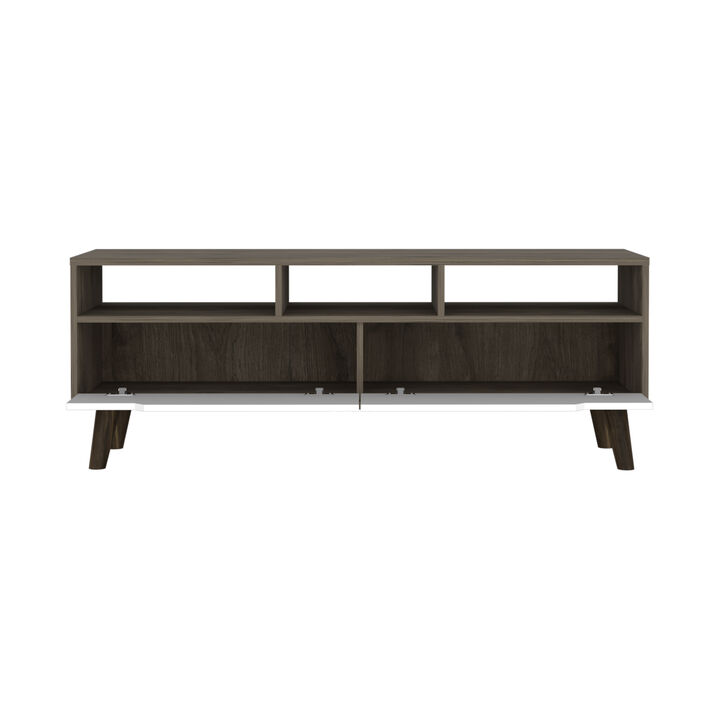 DEPOT E-SHOP Kobe Tv Stand for TV&acute;s up 52", Three Open Shelves, Two Flexible Drawers, Dark Walnut / White