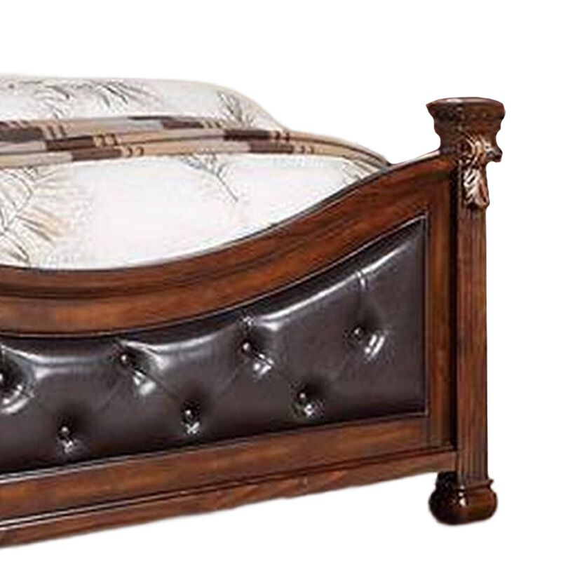 Jax Traditional King Size Bed, Tufted Upholstered Headboard, Cherry Brown - Benzara
