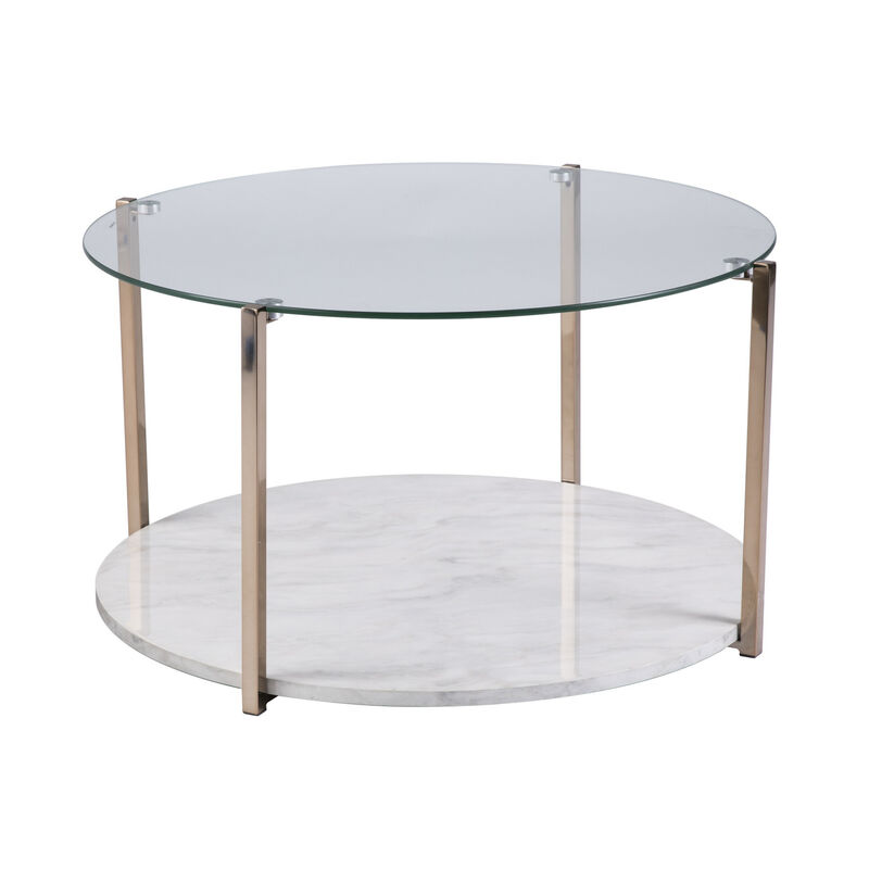 Hivvago 33 Inch  Gold Glam Glass And Faux Marble Two Tier Round Coffee Table