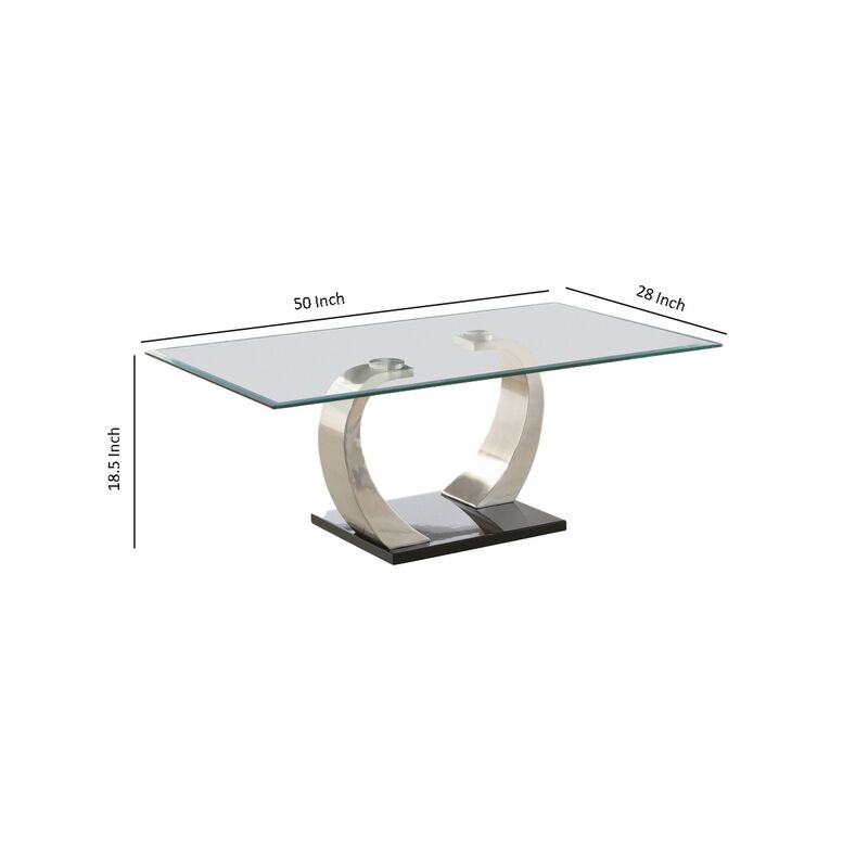Floating Glass Top Coffee Table with Metal Support, Clear and Silver