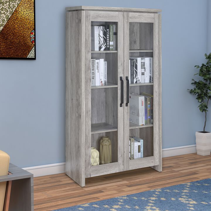 Spacious Wooden Curio Cabinet With Two Glass Doors,  Gray-Benzara