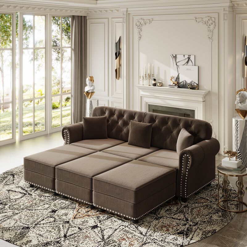 Whisen 3 Seat Velvet Sofa with 3 Ottomans, Nailhead Trim, Mid-Century Modern, for Living Room image number 3