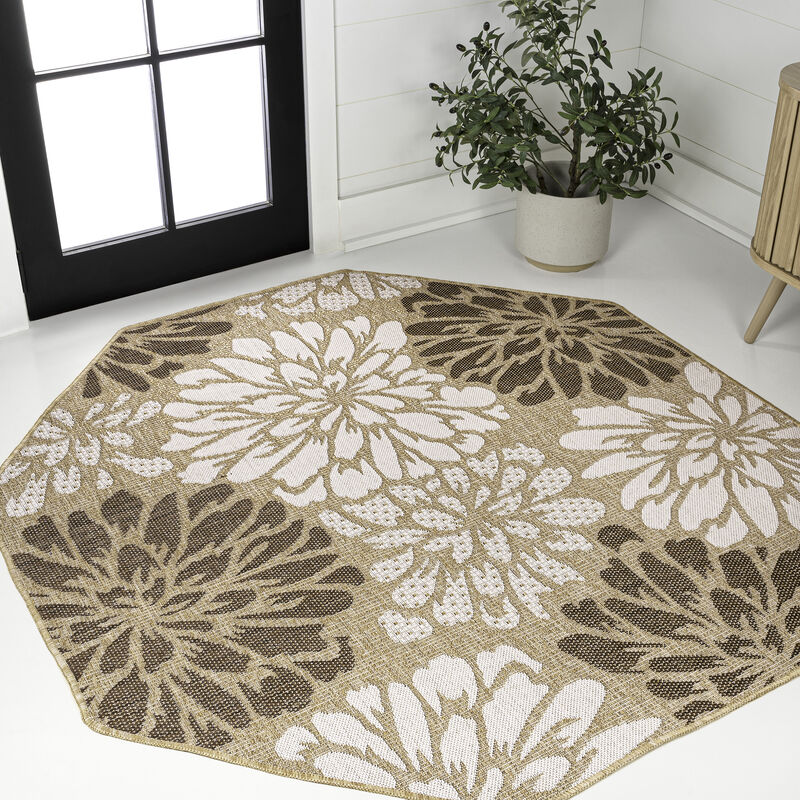 Zinnia Modern Floral Textured Weave Octagon Indoor/Outdoor Area Rug