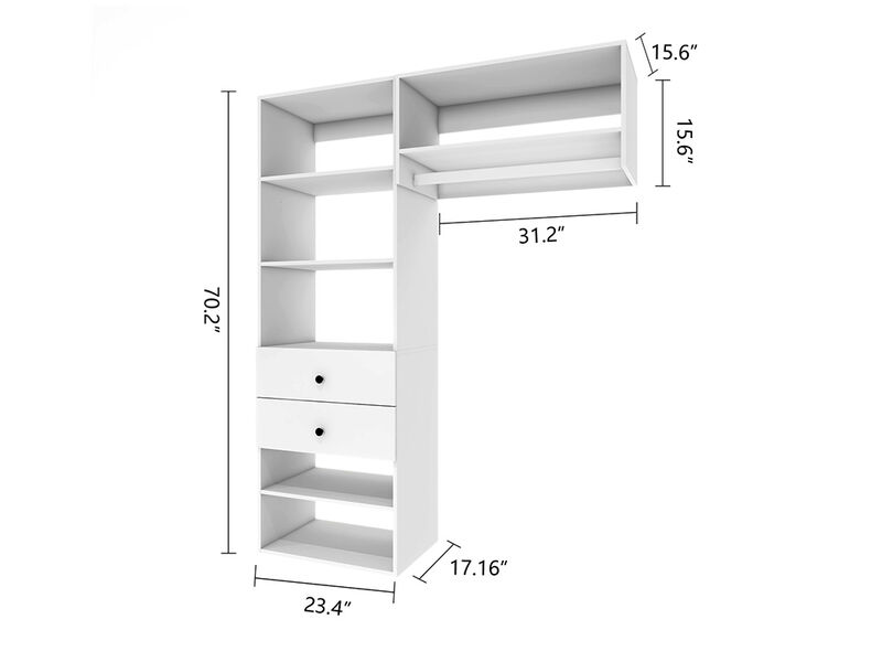 Wood Closet System with 2 Drawers Modular  Storage Cabinet, Hanging Rod and 6 Shelves Clothes Garment Rack Wall Mount or Built-in Organizer for Bedroom&nbsp;