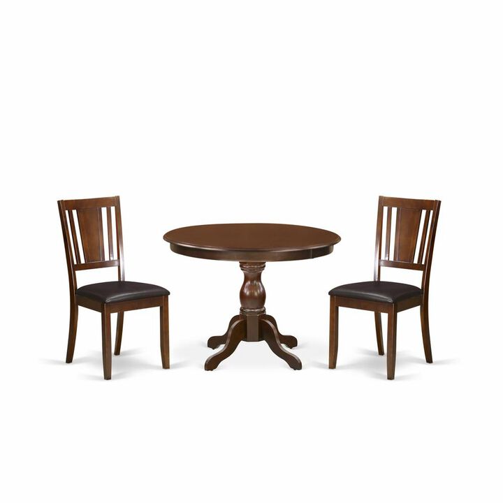 East West Furniture HBDU3-MAH-C 3 Piece Kitchen Table Set - Mahogany Dining Room Table and 2 Mahogany Faux Leather Comfortable Chairs with Panel Back - Mahogany Finish