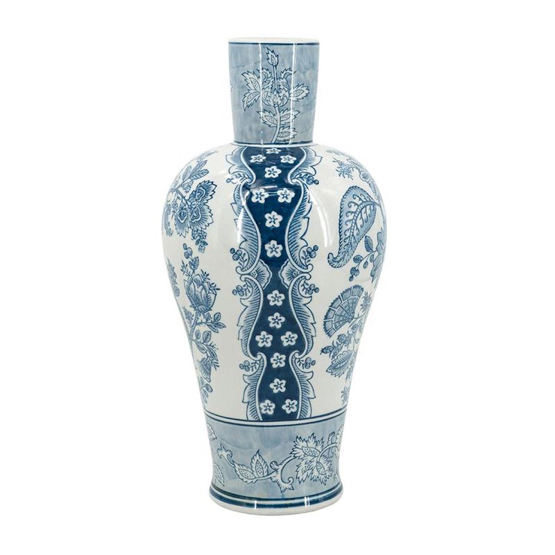 HomeRoots 17" Light Blue And White Floral Round Porcelain Table Vase image number 2