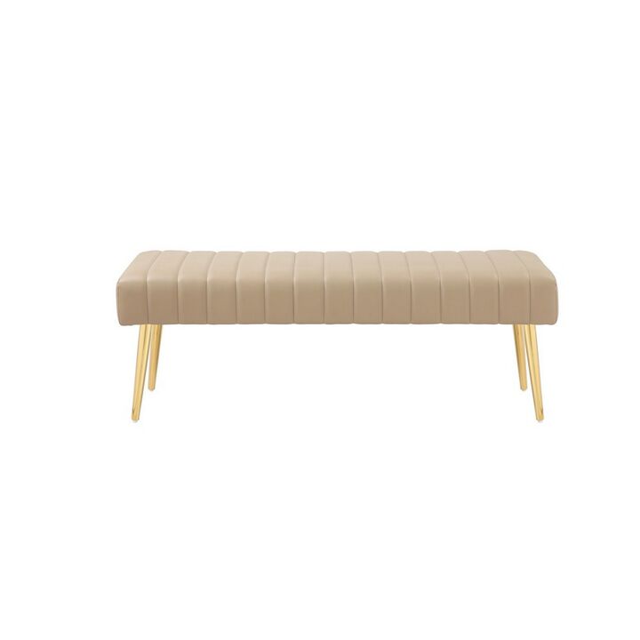 Lida 45 Inch Bench, Modern Tufted Lines, Beige Faux Leather, Gold Metal - Benzara