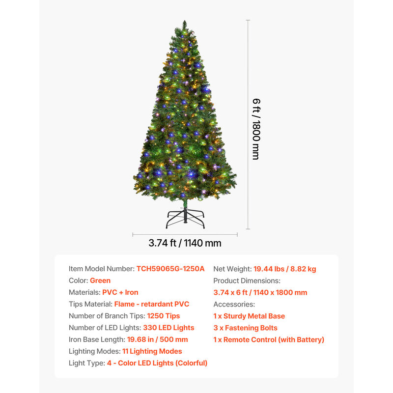 VEVOR Christmas Tree 6ft Xmas Tree with 330 Colorful LEDs & 11 Lighting Modes image number 6