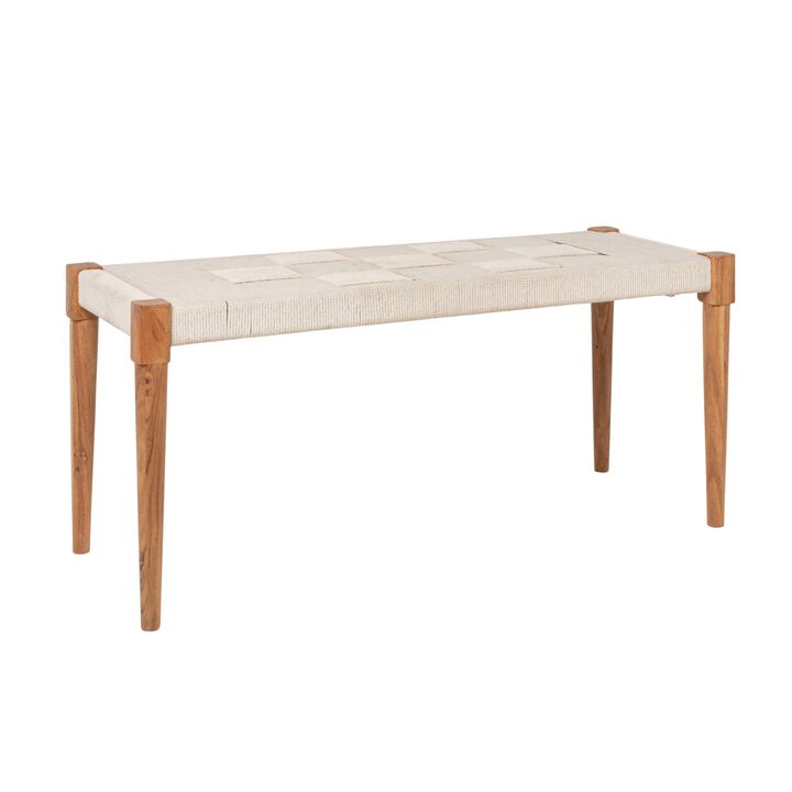 Handwoven Cotton Cord and Acacia Wood Bench with Tapered Legs, Natural