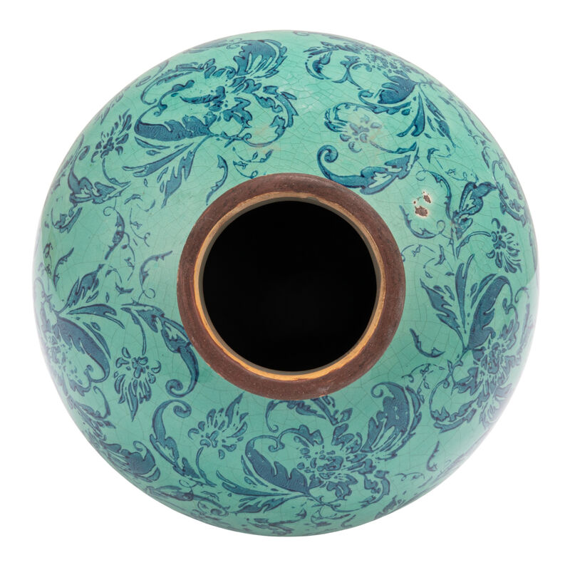 Round Decorative Terracotta Vase with Transferware Pattern, Aqua image number 5