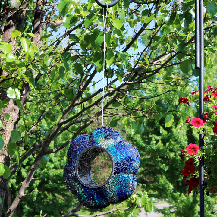 Sunnydaze Glass Indigo Flower Mosaic Fly-Through Hanging Bird Feeder - 9 in