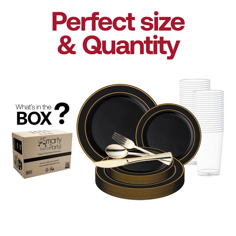 Black with Gold Edge Rim Plastic Wedding Value Set (30 Sets) image number 3