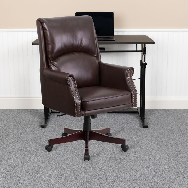 Hansel High Back Pillow Back Brown LeatherSoft Executive Swivel Office Chair with Arms