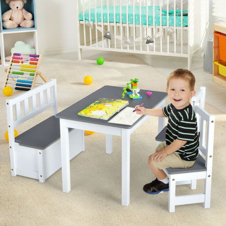 4 Pieces Kids Wooden Activity Table and Chairs Set with Storage Bench and Study Desk