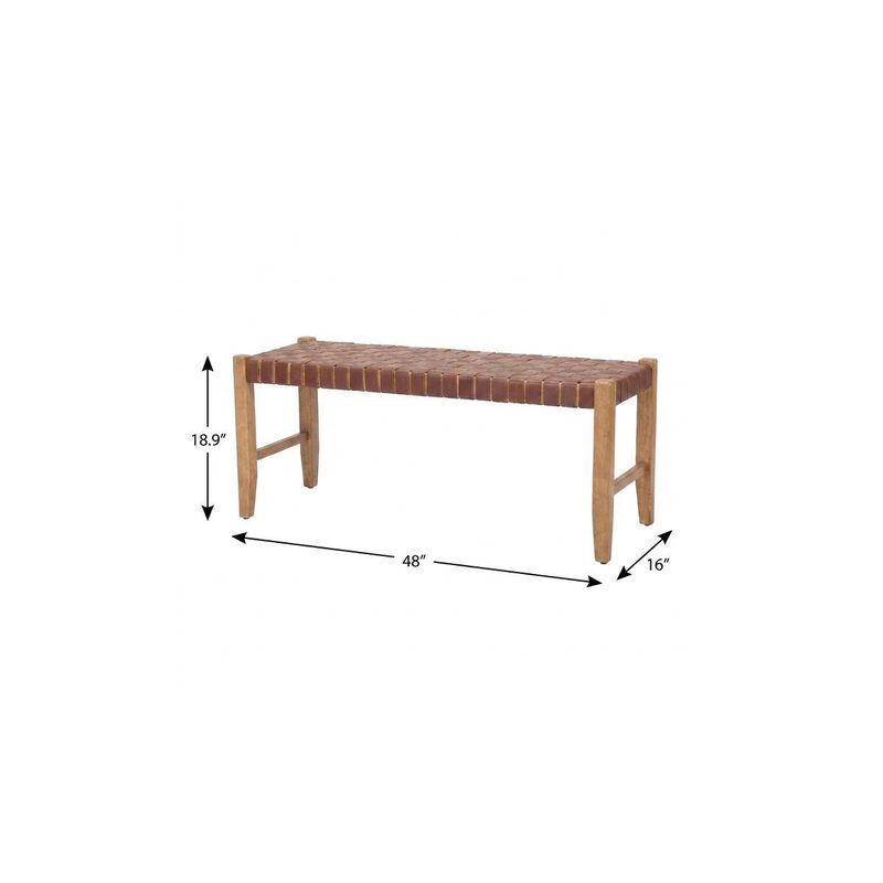 HomeRoots 48" Brown and Natural Genuine Leather and Solid Wood Bench image number 6