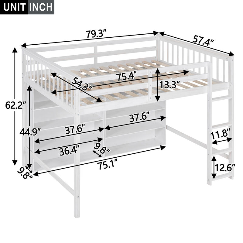 Whisen Full Size Loft Bed with Open Storage Shelves and Built-in Ladder - White
