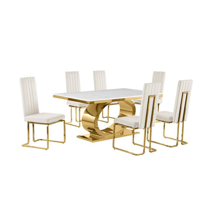 Best Quality Furniture 7pc Small(68) marble top dining set with gold base and 6 Cream side chairs