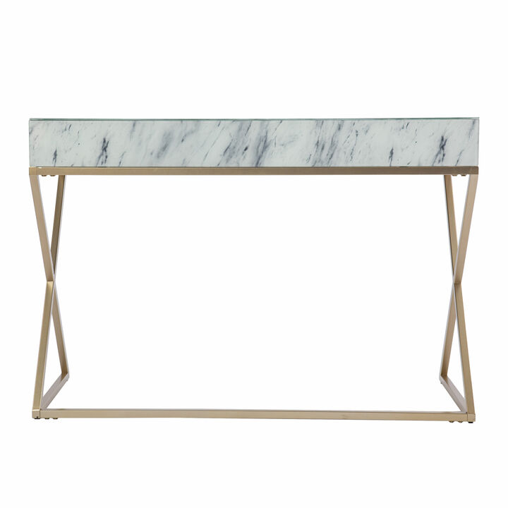HomeRoots 45" White and Bronze Glass and Iron Sled With Two Drawers