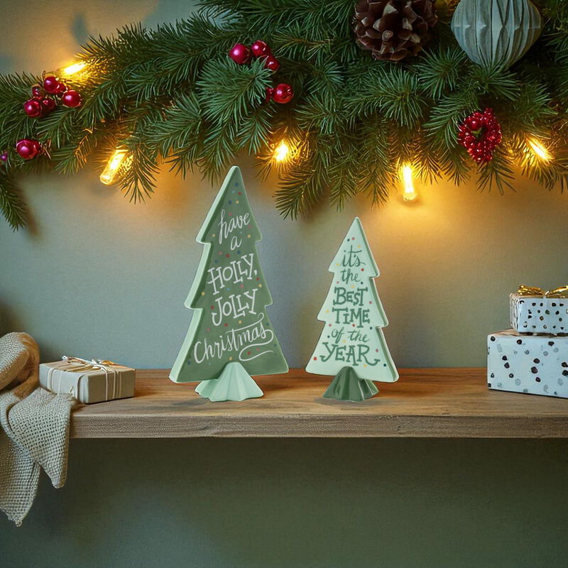 Set of 4 Ceramic Pine Trees with Christmas Sentiments for Holiday Tabletop Decor