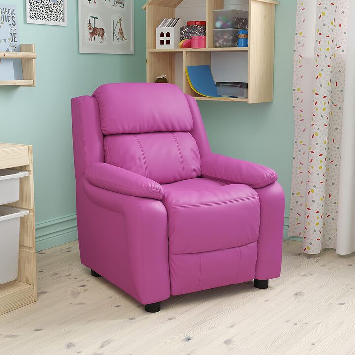 Flash Furniture Charlie Vinyl Kids Recliner with Flip-Up Storage Arms and Safety Recline, Contemporary Reclining Chair for Kids, Supports up to 90 lbs., Hot Pink