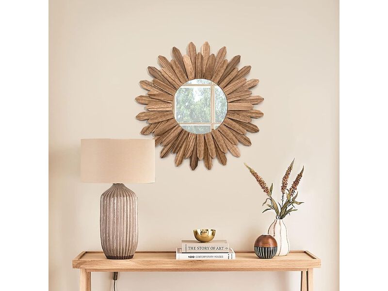 Honiway Mirror Wall Decor 21 inch Rustic Wood Boho Aesthetic Mirror.