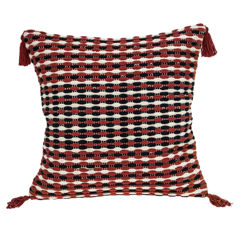 HomeRoots 20" Red and Black Cotton Throw Pillow with Tassels image number 0