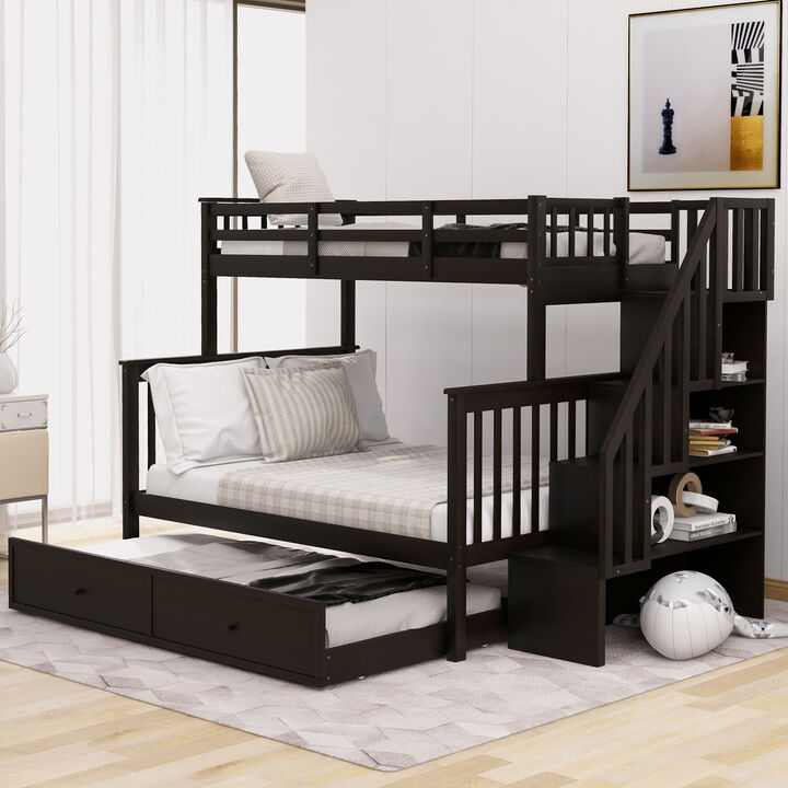 Whisen Twin-Over-Full Bunk Bed with Twin size Trundle, Storage and Guard Rail for Bedroom