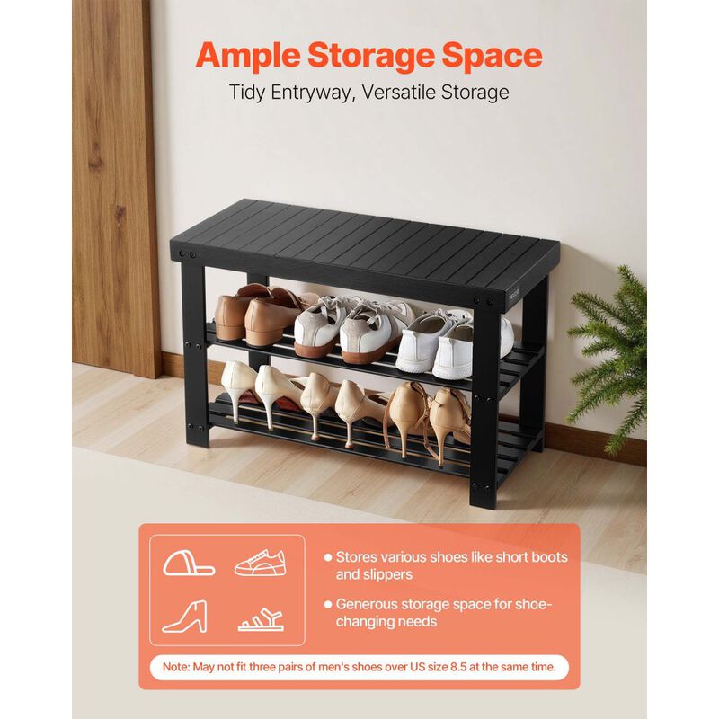 Entryway Shoe Storage Bench 3-Tier Wicker Rack for Hallway, Bedroom, Front Door Use-Black image number 5