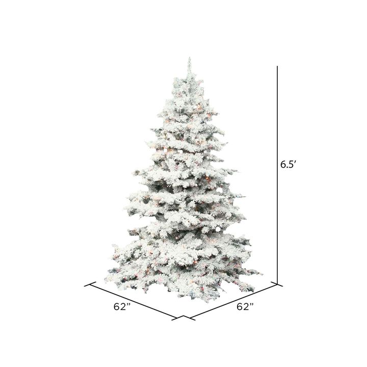 Vickerman Artificial 6.5' Indoor Flocked Alaskan Pine Christmas Tree - 700 Dura-Lit&reg; Multi-Colored Lights - 1045 PVC Tips - Snowy Faux Tree for the Holidays - Reliable and Durable
