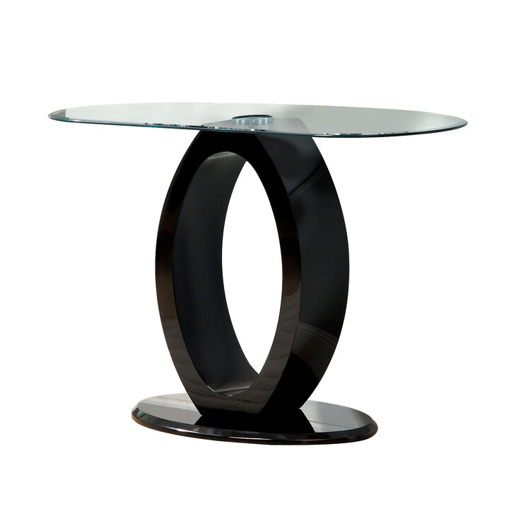 Contemporary Tempered Glass Top Sofa Table with O Shape Base, Black